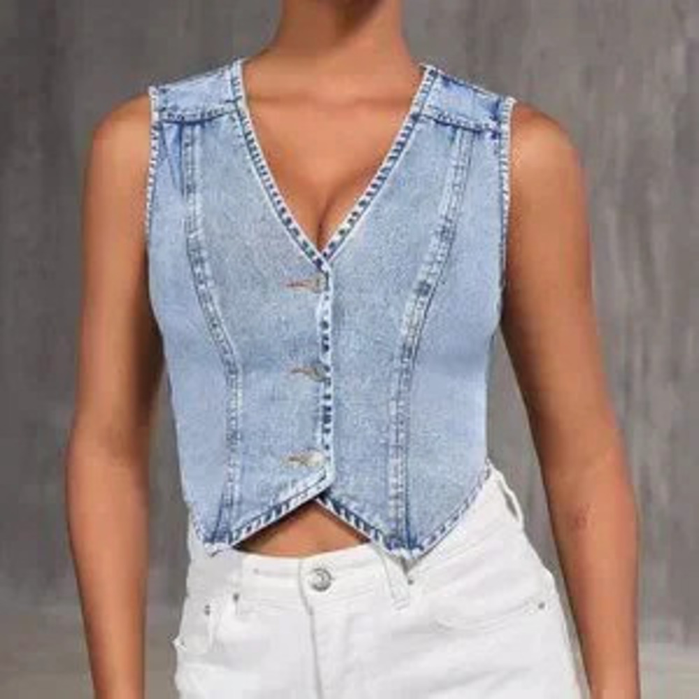 Blue Casual Women's Denim Vest Top